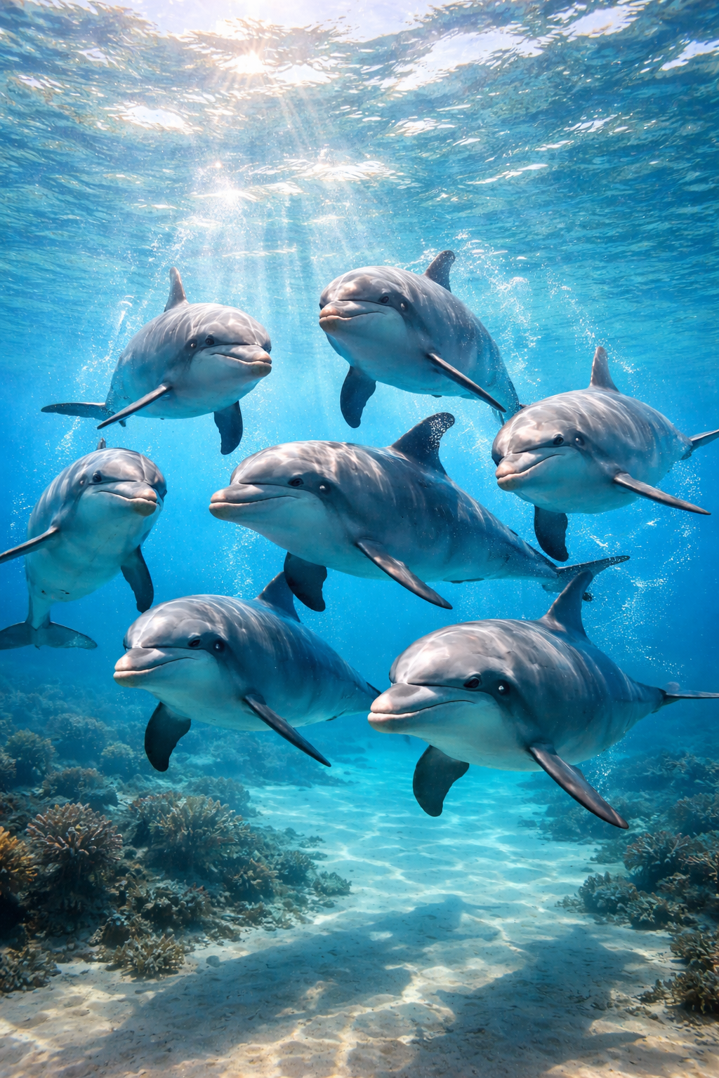 Dolphins gliding through tropical waters